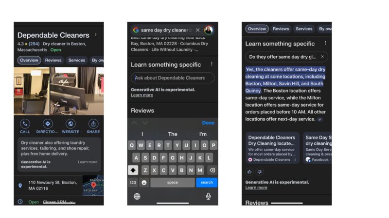 Screenshots of Google AI Search Feature "Learn Something Specific" about this business